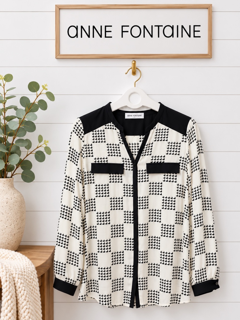 ANNE FONTAINE Black & Off-White Geometric Print Blouse Size 42